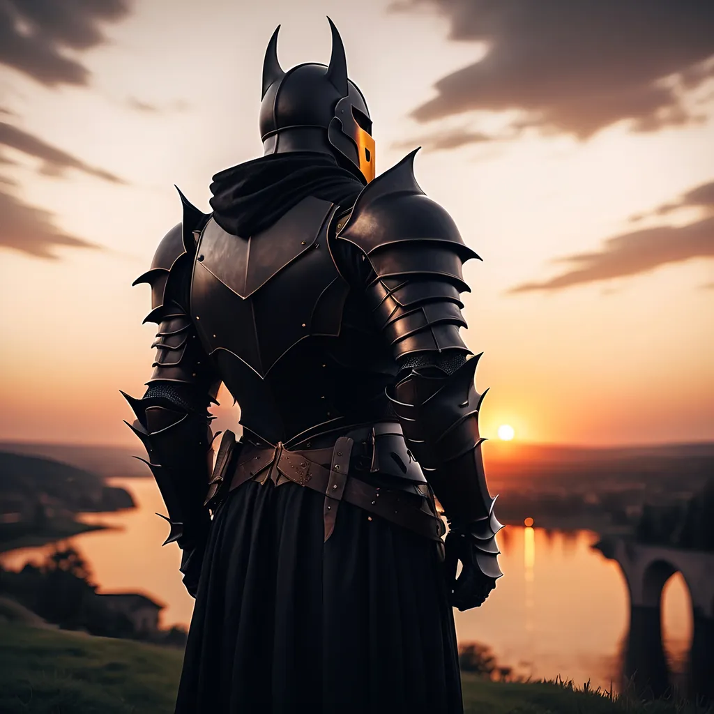 Prompt: A dark fantasy knight watching a sunset 