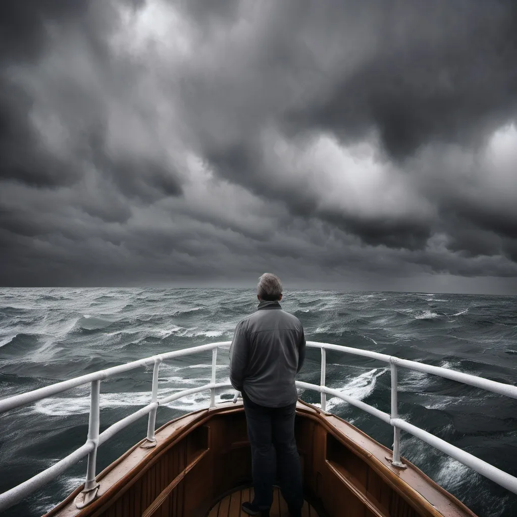 Prompt: thoughts, rough seas, dark grey clouds, and a silver lining , man on a ship