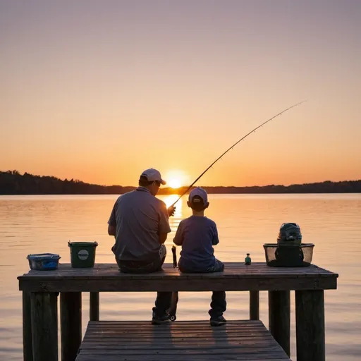 Prompt: Father and son fishing on a dock with a sunset in the background