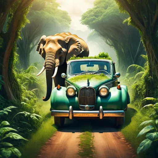 Prompt: Elephant pushing overgrown vintage car on nature road, lush greenery, vibrant natural colors, surreal atmosphere, high quality, detailed, painterly style, lush greenery, vintage car, overgrown, elephant, surreal, natural, vibrant colors, detailed, atmospheric lighting