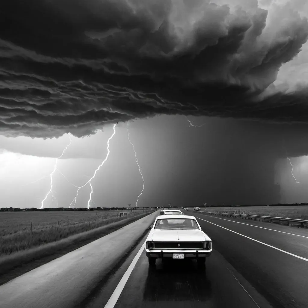 Prompt: Make a picture in black and white. You can see motorbickers in a thunder storm. 
