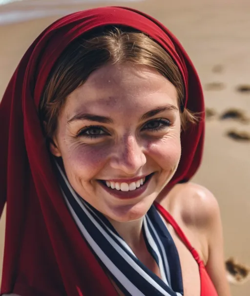 Prompt: a woman wearing a headscarf is smiling at the camera wearing a red bikini, cleavge, At the beach, brown hair