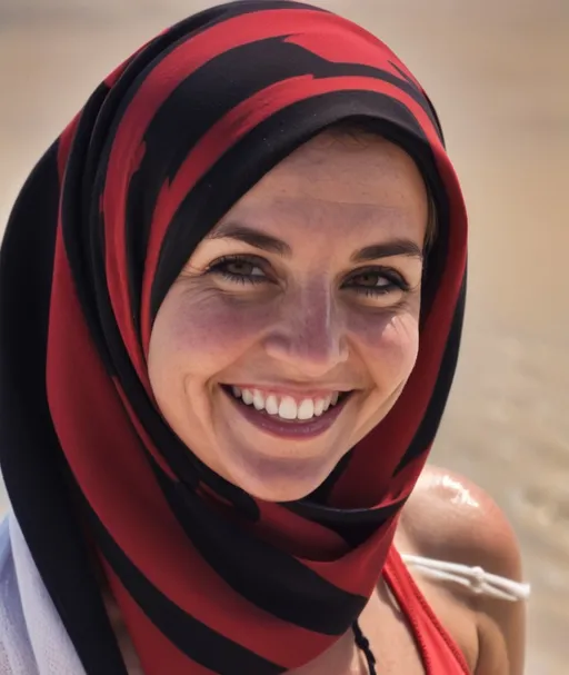 Prompt: a woman wearing a headscarf is smiling at the camera wearing a red bikini, cleavge, At the beach, brown hair