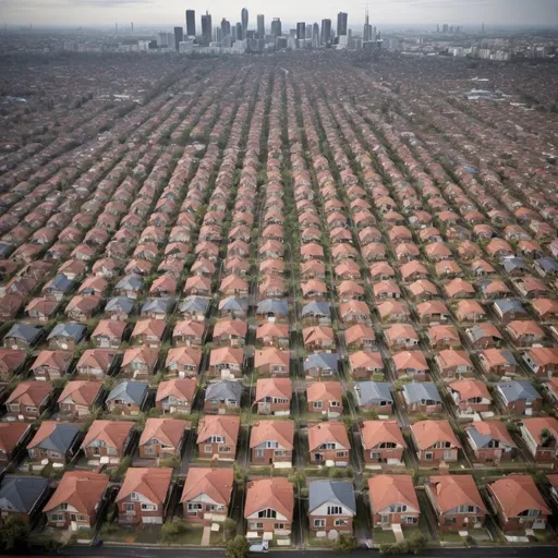 Prompt: can you generate a picture for me depicting the theme urban housing affordability crisis, where middleclass people cannot afford to buy new homes.