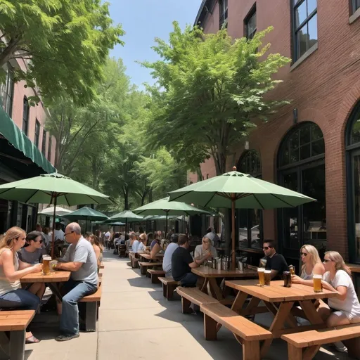 Prompt: Scene Description:

Setting: A patio of a craft beer bar. Forest green umbrellas are scattered around, providing shade to the people sitting underneath. The umbrellas cast cool, inviting shadows on the patio area.
Atmosphere: The mood is relaxed and chilled. The sun is bright and intense, but the shaded areas under the umbrellas offer a reprieve from the heat. The air is warm, but there's a gentle breeze that adds to the comfort.
People: Groups of people are sitting at picnic tables under one large 20x20 tent. They are smiling, chatting, and enjoying each other's company. Everyone is dressed in casual summer attire. Some people are holding frosty mugs or bottles of beer, their condensation visible in the heat.
Elements: Picnic tables have coasters and beer menus. Potted plants and greenery add to the cozy ambiance. A few empty chairs are inviting others to join.
