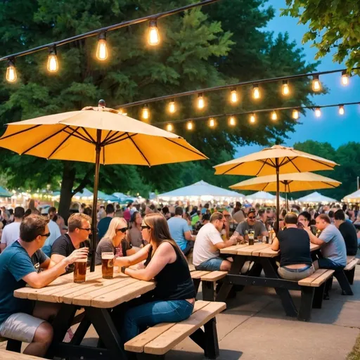 Prompt: a beautiful scene of people sitting at picnic tables enjoying themselves in the shade surrounded by very bright lights because it's very hot outside.  They are drinking craft beer. No strings of light.  They can be under green umbrellas.  I don't want any close up of faces.

