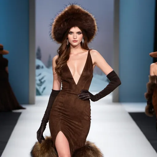 Prompt: Model wearing a dark brown suede mermaid dress with a plunging neckline and fox fur trim, wearing dark brown suede gloves and hat