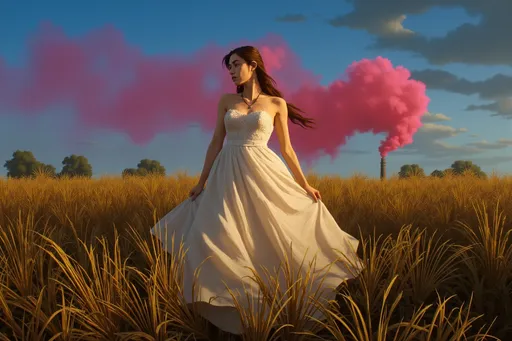 Prompt: Bathed in the warm glow of golden hour, a young woman stands gracefully in a vast field of wheat, enveloped in an ethereal aura. Dressed in a strapless white gown adorned with delicate lace, her image is striking against the backdrop of rich, tawny wheat that gently sways in the breeze. Vibrant pink smoke billows behind her, contrasting beautifully with the deep blue sky, scattered with soft, wispy clouds that hint at the approaching dusk. The composition captures her serene expression and poised stance, radiating a dreamy, almost whimsical charm, while the interplay of colors and light evokes a sense of romance and adventure. This enchanting scene conveys a narrative filled with elegance, freedom, and the fleeting beauty of nature's transitions.