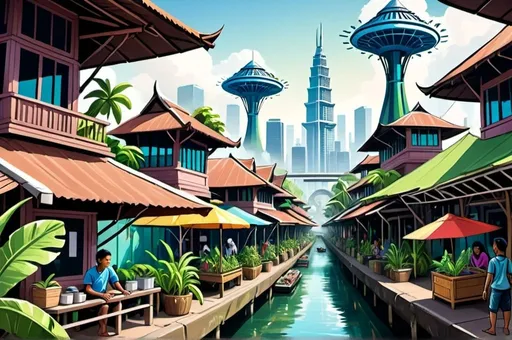 Prompt: Futuristic digital painting of Indonesia in the future, highly detailed, vibrant and diverse cityscape, advanced technological infrastructure with green energy, floating gardens and sustainable architecture, lush tropical vegetation blending with modern skyscrapers, bustling floating markets, advanced public transportation systems, vibrant cultural festivals, highres, ultra-detailed, futuristic, vibrant, sustainable, diverse cityscape, advanced technology, lush tropical fusion, bustling markets, advanced transportation, cultural festivals, atmospheric lighting