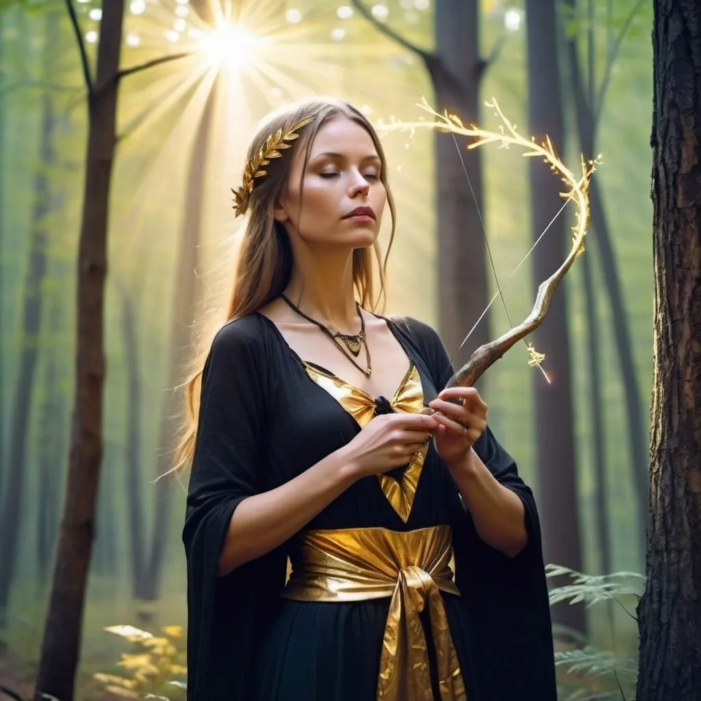 Prompt: a woman dressed in golden in black and holding a bow in a forest with sunbeams behind her and a tree trunk, Anka Zhuravleva, fantasy art, epic fantasy character art, a character portrait