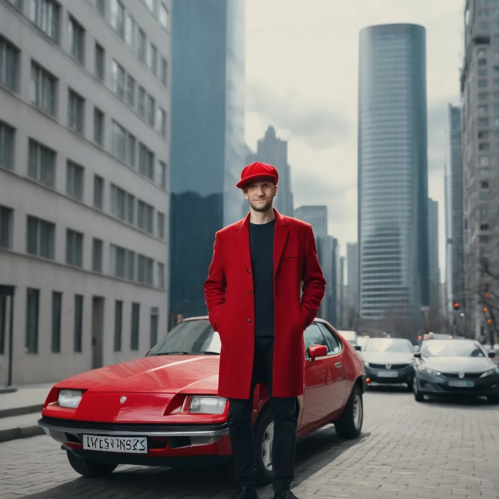 Prompt: a man in a red hat standing next to a red car in a city street with tall buildings in the background, Cornelisz Hendriksz Vroom, verdadism, promotional image,