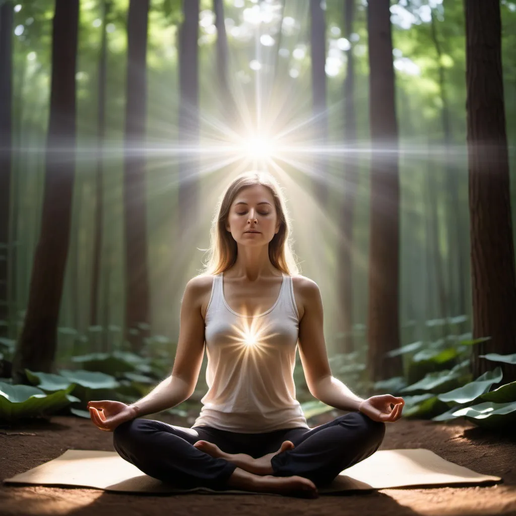 Prompt: a woman sitting in a lotus position in a forest with a light shining through her eyes and a bright beam of light above her head, Ella Guru, light and space, tranquil, a stock photo