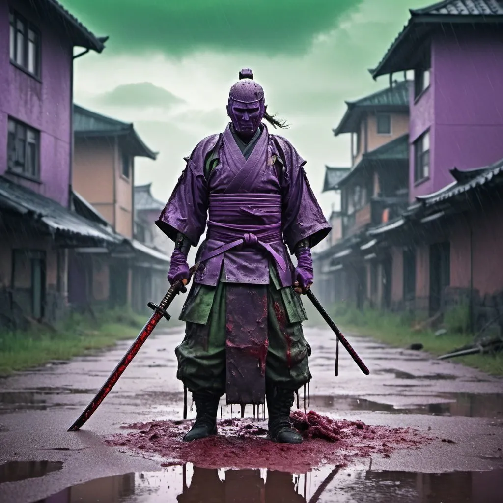 Prompt: A dark fantasy horror vision of headless samurai. Without part of the head. Holding a katana. Broken armor covered in blood and dust. Puddles of mud and water on the floor. In a post apocalyptic destroyed city. Purple and rainy weather with clouds. Green sky. Purple strange fog. Grain effect on image. Realistic photo.