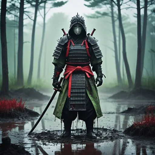 Prompt: A dark fantasy horror vision of armored samurai. Hooded head. No face. Holding a katana. Broken armor covered in blood and dust. Puddles of mud and water on the floor. In a foggy  dark forest with dead and ghosts. Black and rainy weather with clouds. Green sky. black strange fog. Grain effect on image. Realistic photo. Black and red.