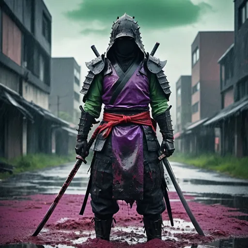 Prompt: A dark fantasy horror vision of armored samurai. Hooded head. No face. Holding a katana. Broken armor covered in blood and dust. Puddles of mud and water on the floor. In a post apocalyptic destroyed city. Purple and rainy weather with clouds. Green sky. black strange fog. Grain effect on image. Realistic photo. Black and red.