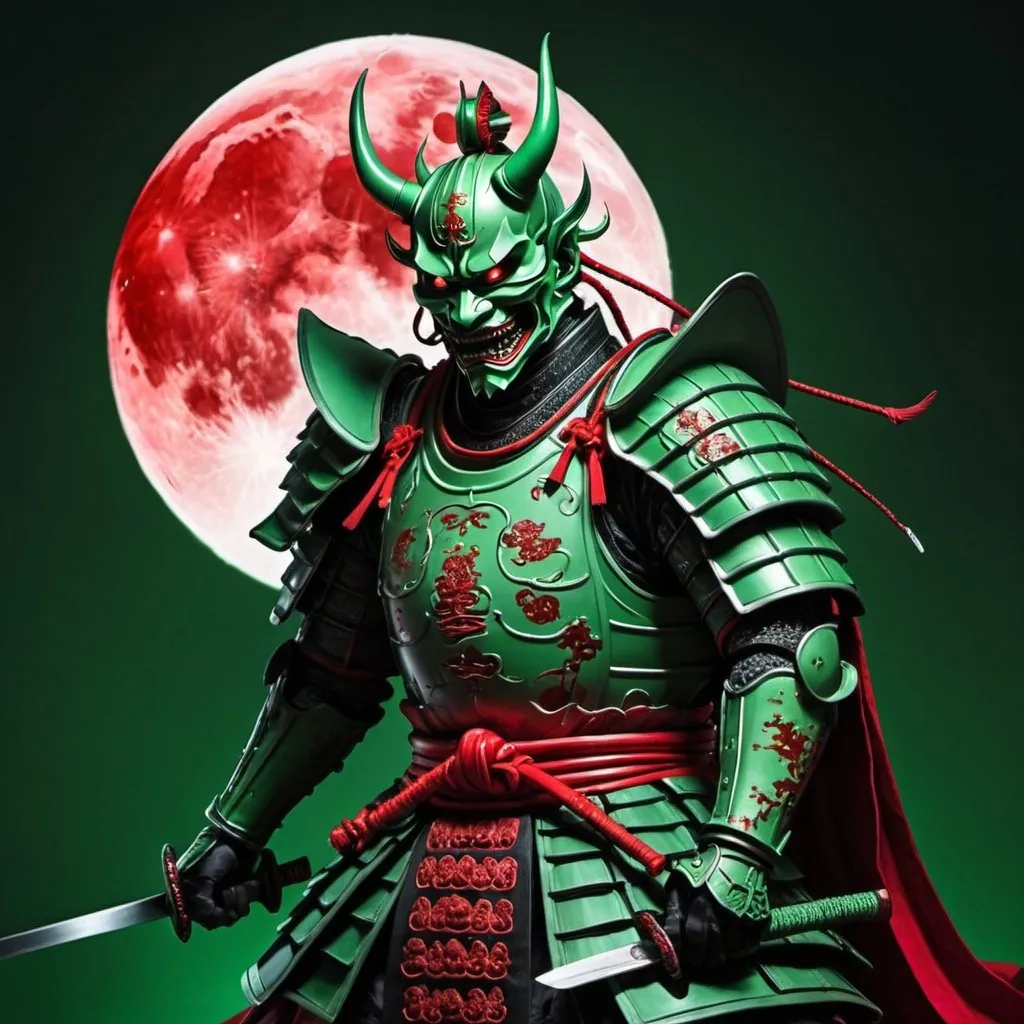 Prompt: Knight
Headless
Decapitated
Red
Blood
Full moon
Japan
Samurai
Hannya 
Green energy

