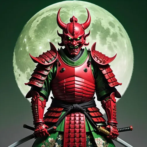 Prompt: Knight
Headless
Decapitated
Red
Blood
Full moon
Japan
Samurai
Hannya 
Green energy

