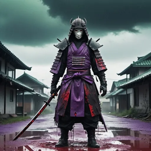 Prompt: A dark fantasy horror vision of armored samurai. Hooded head. No face. Holding a katana. Broken armor covered in blood and dust. Puddles of mud and water on the floor. In a post apocalyptic destroyed city. Purple and rainy weather with clouds. Green sky. black strange fog. Grain effect on image. Realistic photo. Black and red.