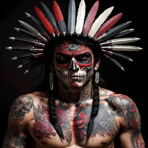 Prompt: Mexico
Warrior
Sud America
Horror
Dark
Blood
guns
knife
tattoos
