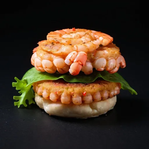 Prompt: shrimp patty in black background 