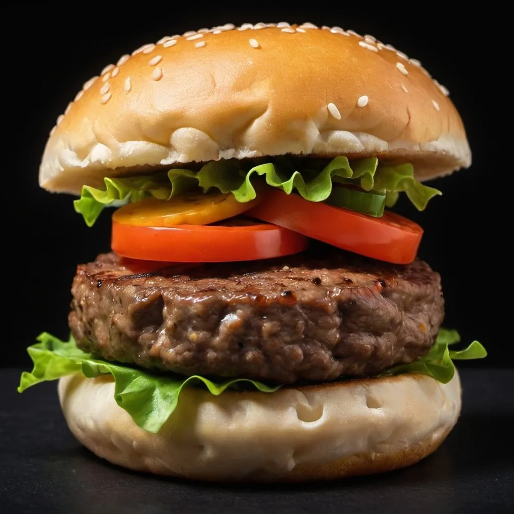 Prompt: beef patty in black background 