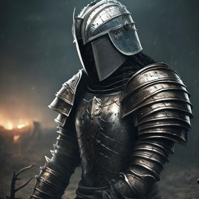 Prompt: A knight that has just won a battle, he is hurt, some bruises, black armor, castle, vines, storm, 4k, realistic