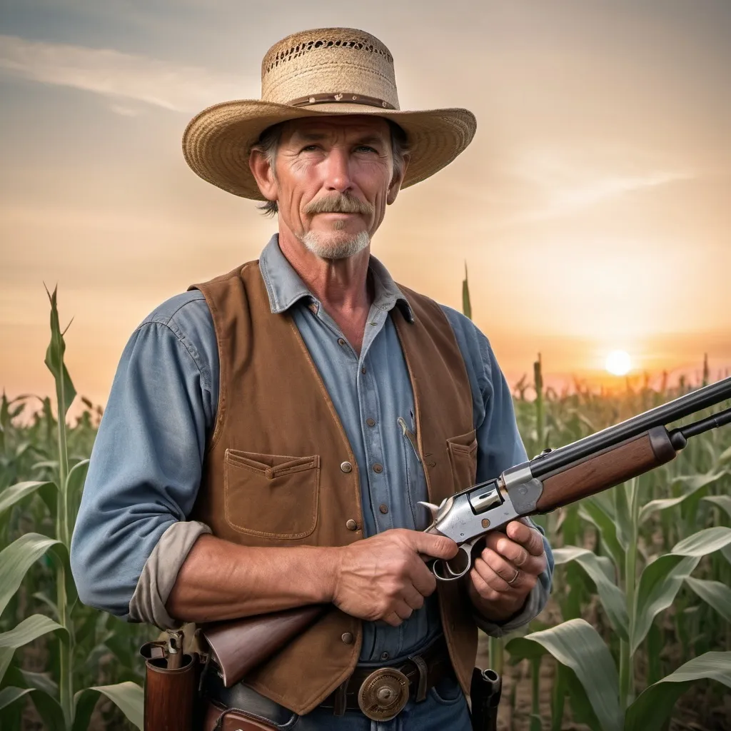 Prompt: Wild West, Farmer Joe wearing a straw hat and holding a Winchester lever-action shotgun, stands in a cornfield at sunrise.