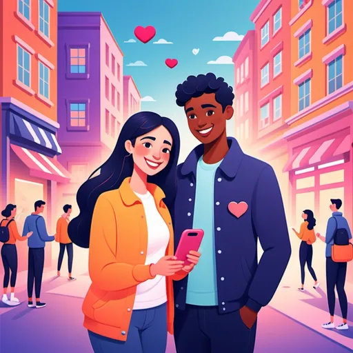 Prompt: (onboarding illustration for dating app), (highly engaging), vibrant colors, (playful and inviting atmosphere), modern graphic style, detailed interface elements, charming character designs, heart motifs, subtle gradients, a friendly user interface, smooth textures, urban scenery in the background, 4K resolution, emphasizes connection and romance, suitable for millennials and Gen Z audience, user-friendly design elements.