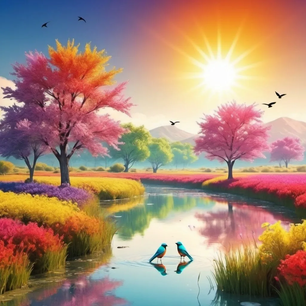 Prompt: Nature landscape with beautiful colors with sunshine birds and water