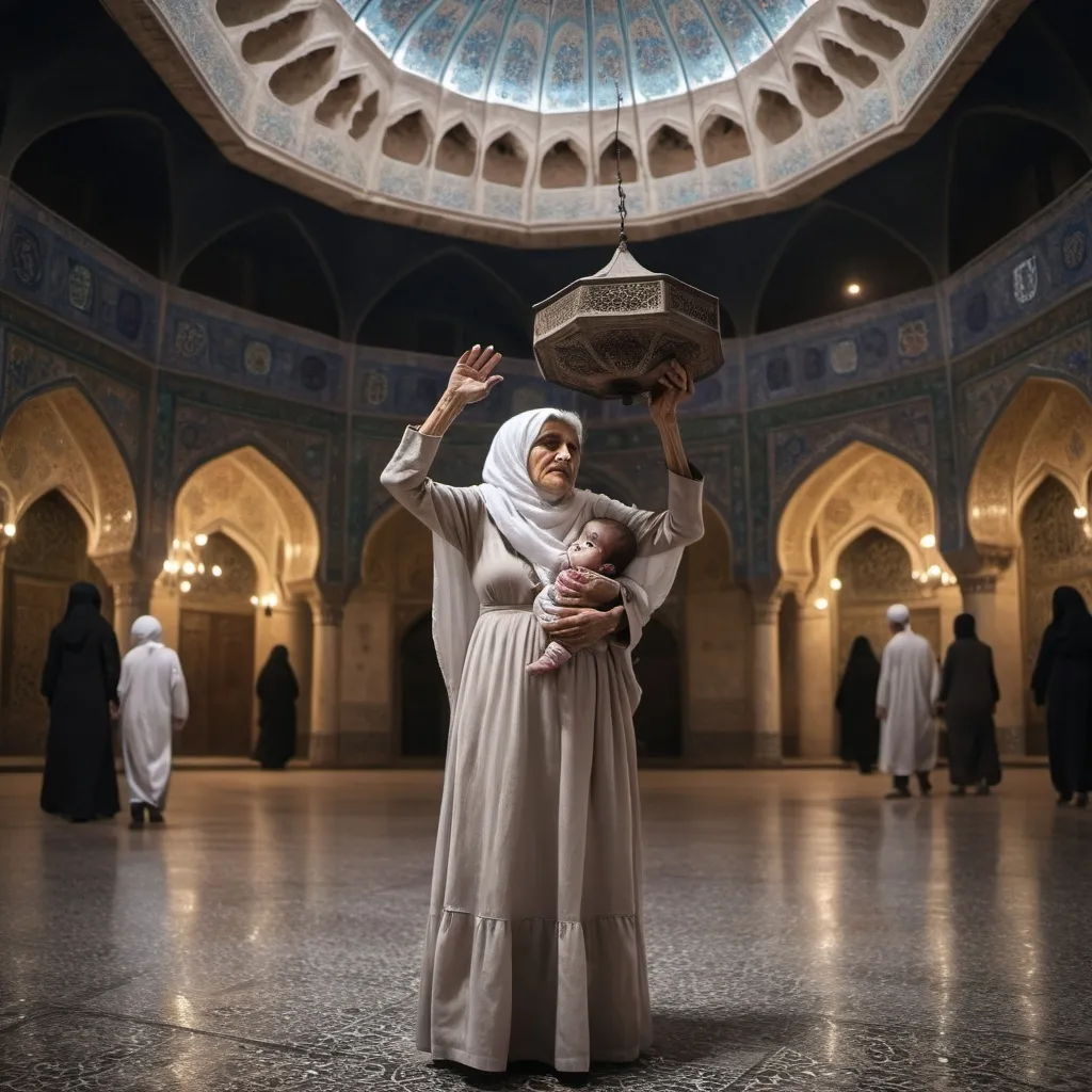 Prompt: (Iranian old woman with a dead child in her arms above her head) in a long white dress that is surrounded by the covered octagonal Qaisarieh Square.
Scenes, cool earthy colors, dark colors creating a gloomy atmosphere, intricate details in the background stalls, crazy environment, dark lighting, (super image with 4K detail), capturing the cultural essence and depth of the hall.