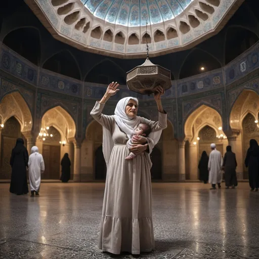 Prompt: (Iranian old woman with a dead child in her arms above her head) in a long white dress that is surrounded by the covered octagonal Qaisarieh Square.
Scenes, cool earthy colors, dark colors creating a gloomy atmosphere, intricate details in the background stalls, crazy environment, dark lighting, (super image with 4K detail), capturing the cultural essence and depth of the hall.