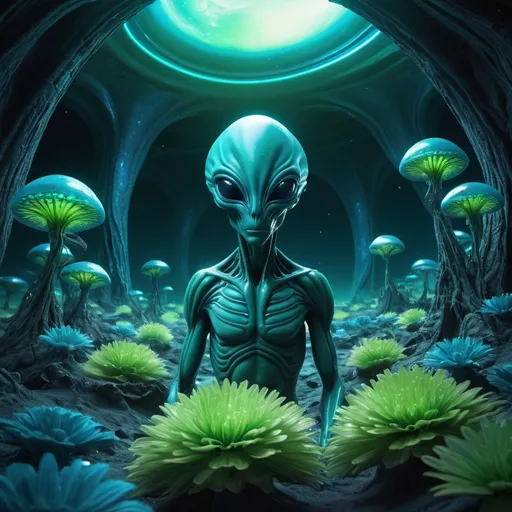 Prompt: Alien mate with blue and green vibe, organic alien landscape, surreal 3D rendering, bioluminescent flora and fauna, high quality, otherworldly, vibrant colors, ethereal lighting, detailed textures, futuristic, alien creature, luminous eyes, atmospheric, serene atmosphere, 3D rendering, surreal, organic, bioluminescent, vibrant colors, ethereal lighting
