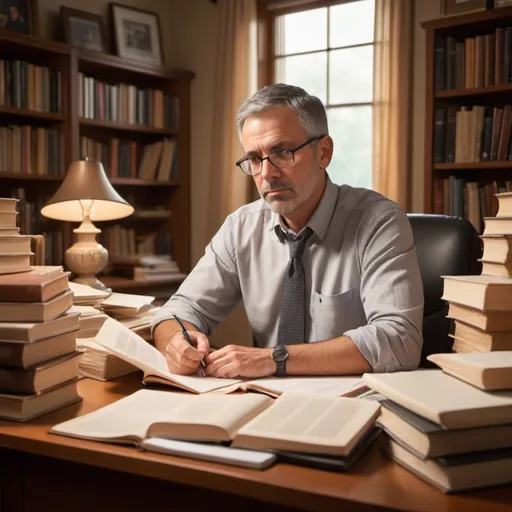Prompt: Adult at desk, surrounded by books and papers, thoughtful expression, high quality, realistic, warm lighting, professional, detailed face, contemplative mood, mature, responsible, purposeful, focused, academic setting, cozy atmosphere, warm colors, organized desk, peaceful ambiance