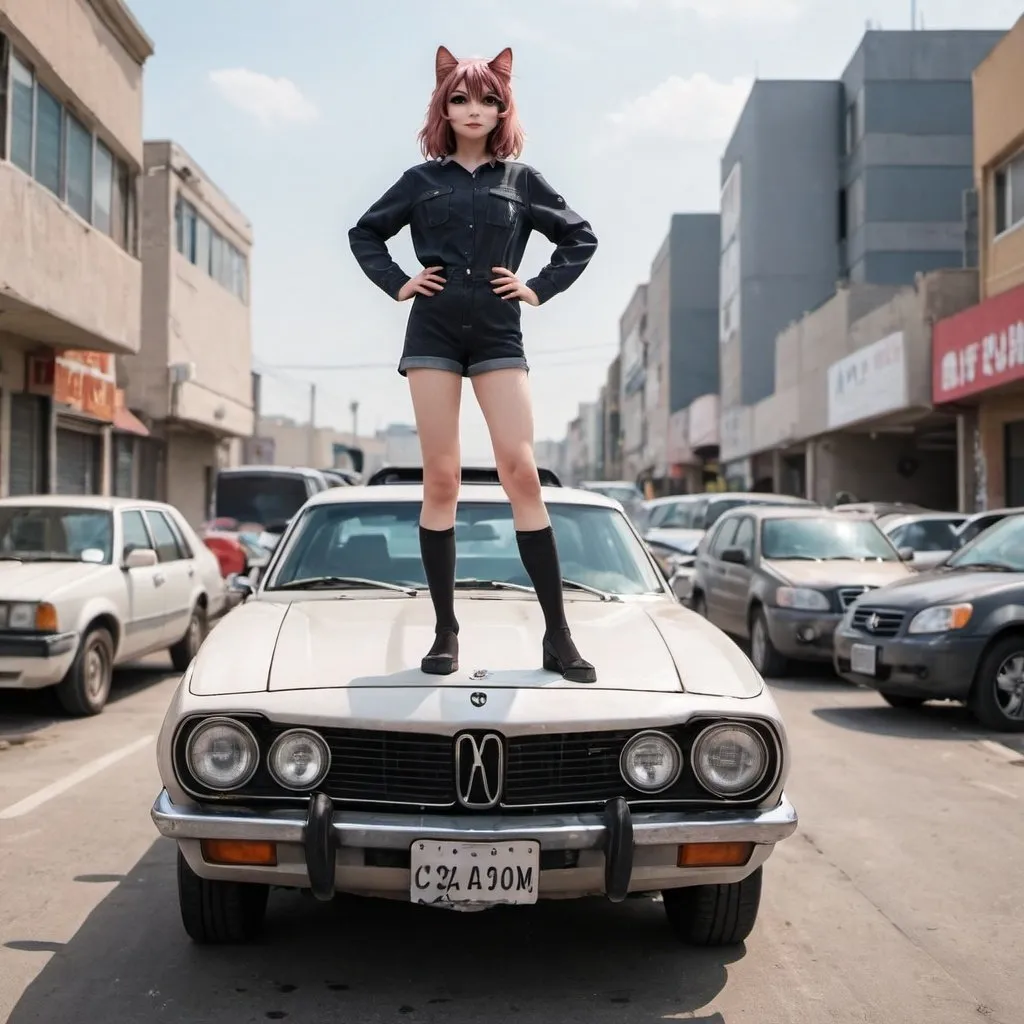 Prompt: a cat girl standing above a car