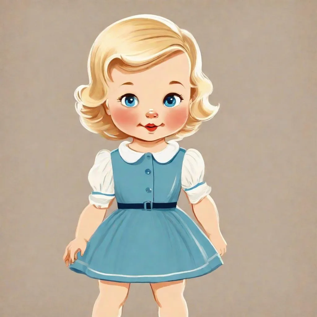 Prompt: a 3-year-old girl, sweet,  blonde hair, blue eyes. 50s style, illustration. Wears blue 1950s baby girl dress

