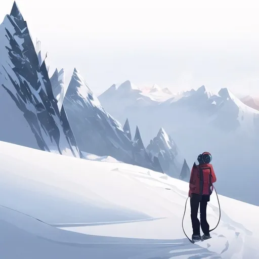Prompt: A boy with headphone on hiking on a snowy mountain trial
