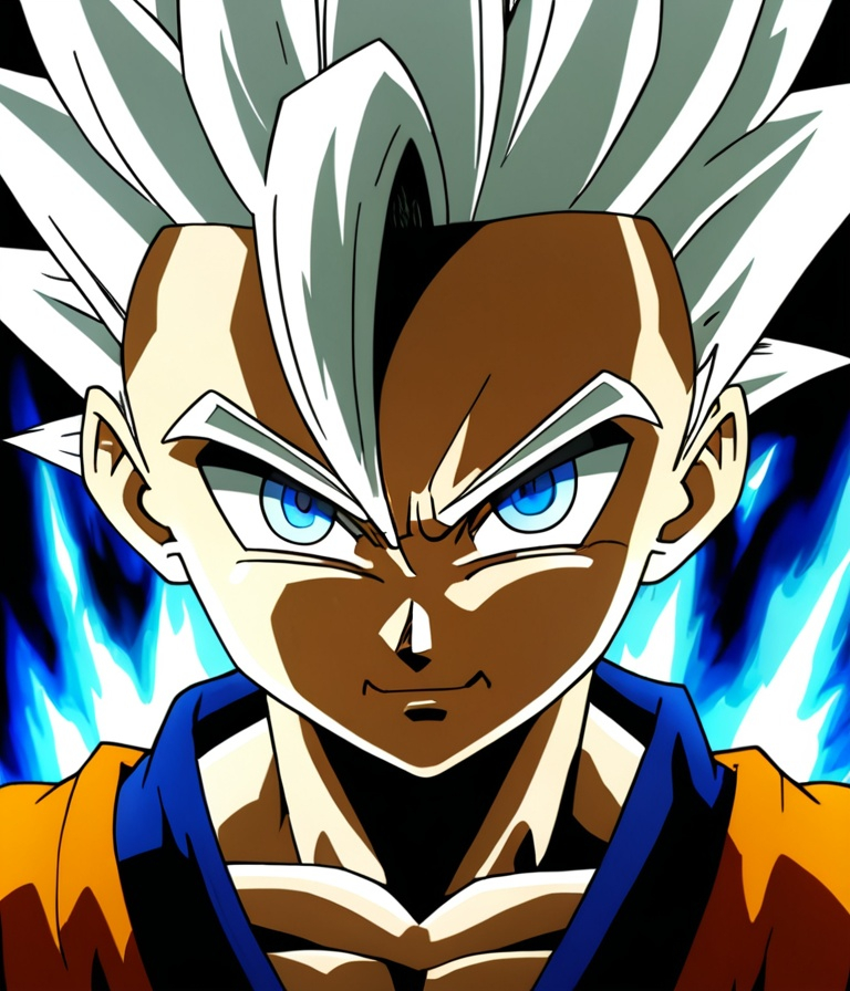 Prompt: Anime goten white hair blue eyes super sayian aura in black in dbz style