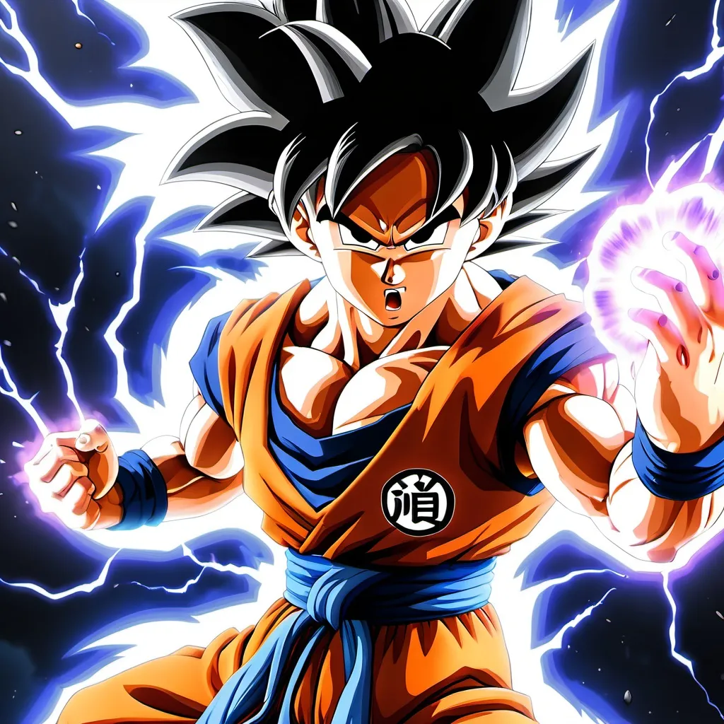 Prompt: Goku charging up a Kamehameha wave, his aura radiating intense energy in ultra instinct 