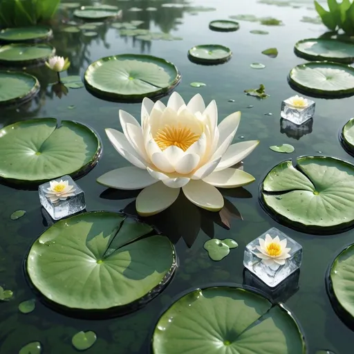 Prompt: Summer，water lilies，(transparent ice cubes text)，moss，drizzle，white lotus，lotus scenery，lotus leavs，illustrations，green laves，vines，green lotus pools，water ripples，flying petals，lotus pools，product photography，miniature，perspective，panorama/depth loveliness，realism，masterpiece，resolution landscape,