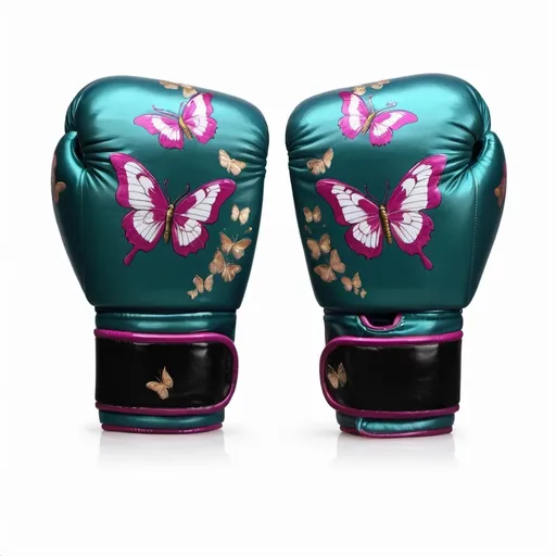 Prompt: a pair of magenta boxing gloves with a butterfly design on the front and back of the gloves, both of which have a white wrist loop, Cao Buxing, cloisonnism, magenta, concept art