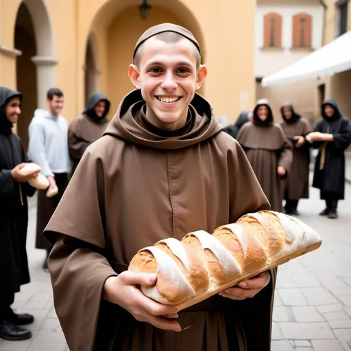 Prompt: El hermano Evaristo, un fraile capuchino  joven  sin barbas de  de estatura alto  vestido con su hábito capuchino entrega pan a personas necesitadas, con una sonrisa serena. Sus manos reflejan trabajo y entrega, mientras los pobres lo rodean agradecidos.