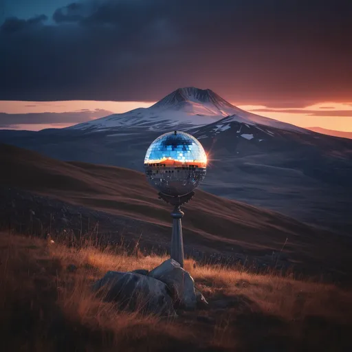 Prompt: (disco ball), (majestic backdrop of Aragats mountain), (sunset mood), dynamic lighting and shadows, cold color tones, radiant reflections, vivid hues blending beautifully, biblical sky, inspired by Minas Avetisyan, high depth, ultra-detailed, cinematic masterpiece, serene yet vibrant atmosphere, enchanting visual experience.