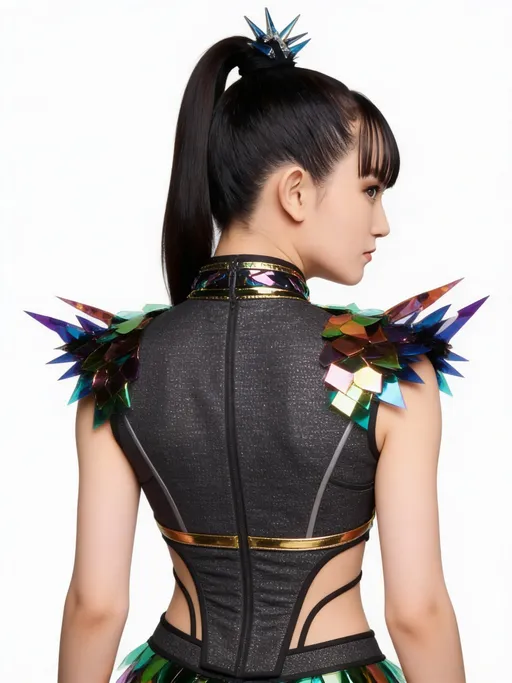 Prompt: The images Image1 represent the character. the character's clothing is Image2. 生成角色背面上半身视图。 需要包含角色完整的头部，保持自然站立姿势，双臂自然下垂。使用纯白色背景。确保上半身完整呈现，符合人体比例。