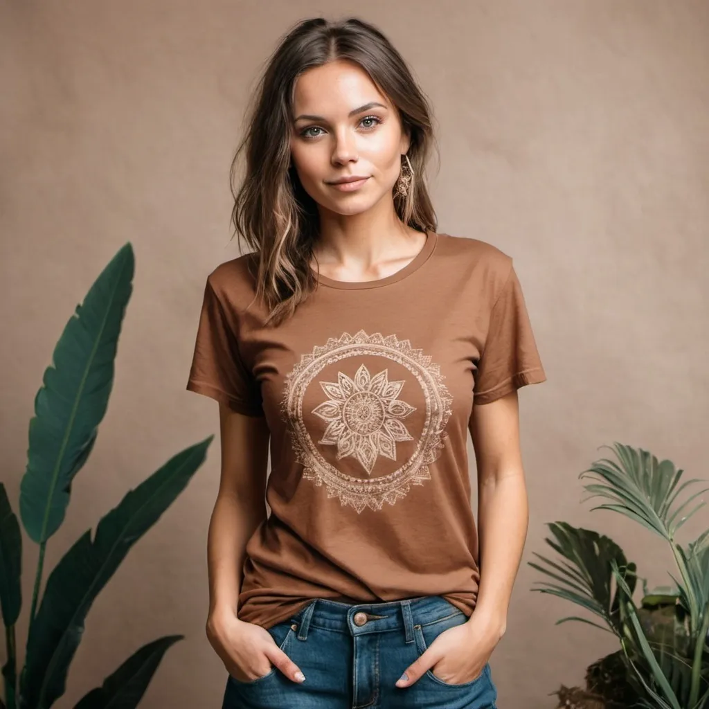 Prompt: boho t-shirt mockup, female model, earthy tones, lifestyle photography