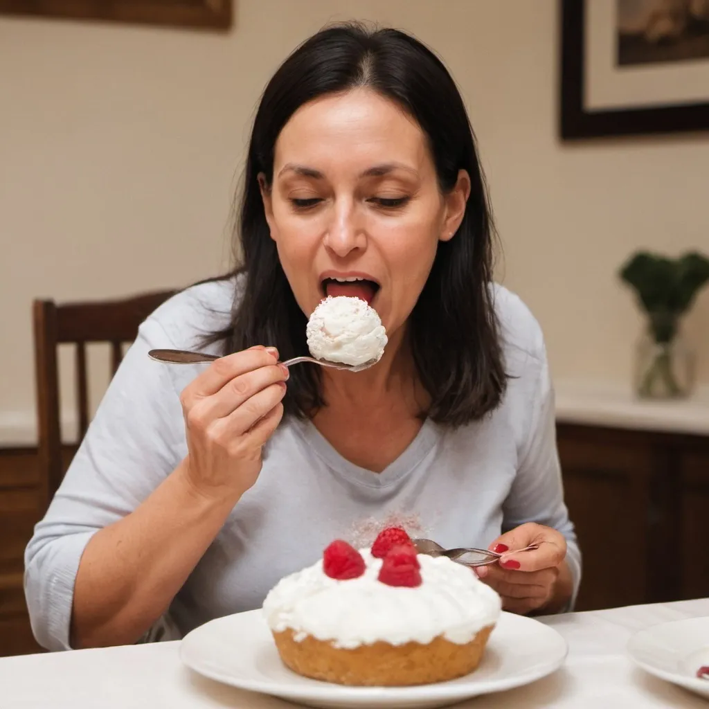 Prompt: a mother eating a dessert