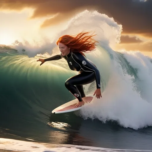 Prompt: woman surfer surfing on a surfboard. she has red hair with blonde highlights in her hair her hair is blowing in the wind from the speed of her travel. she is in the barrel of a massive gigantic wave standing on her surfboard. she is wearing a dark red and black one piece surfer suit. she is catching the last wave of the day at sunset with the sunset shining through the waves. saturated colors with high definition, contrast.in a photo-realistic painted style.