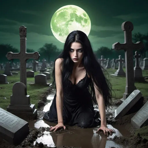 Prompt: In a cemetary, in full moon night,  a woman with green eyes, very long black hair and dressed with a black camissole crawls in the mud trying to get out her tomb