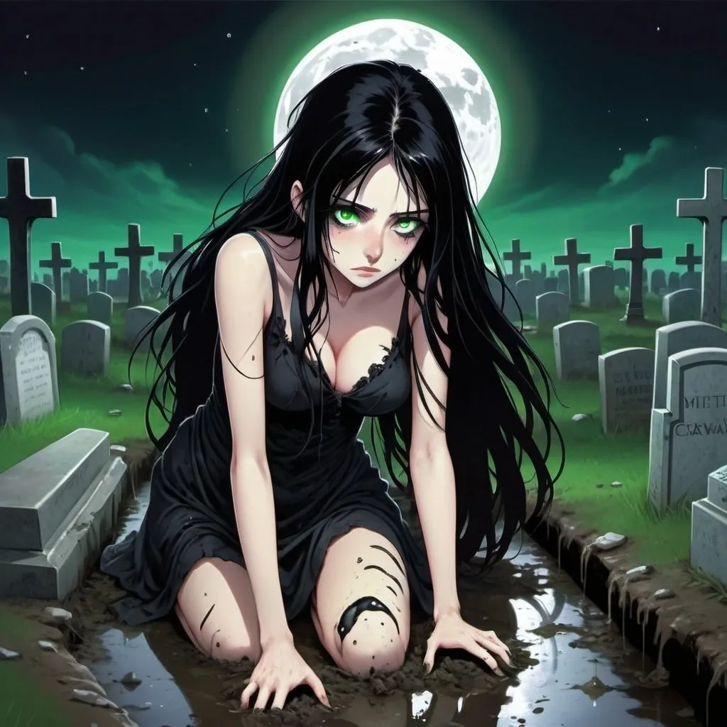 Prompt: In a cemetary, in full moon night,  a woman with green eyes, very long black hair and dressed with a black camissole crawls in the mud trying to get out her tomb