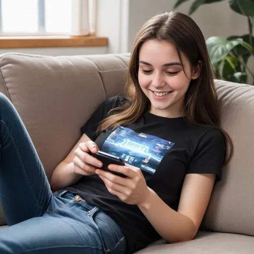Prompt: In a living room, in a sunny day,  a young white woman with brown eyes, dark brown medium hair, dressed with a black tshirt, blue jeans and is lying down on a sofa looking her smartphone and smiles while play a videogame on it.