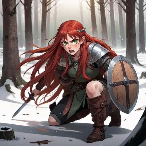 Prompt: A white woman with green eyes, long red hair and no horns in her head, wearing a viking style armor and wielding a broken sword in a snow forest scream with angry front to her. She is knee with her right knee and her left hand on the ground. In the floor in front of her there is a broken shield.